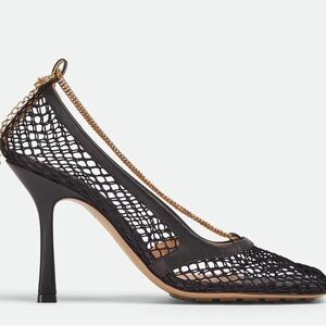 Bottega Veneta Black Mesh Heels with Gold Chain, 37.5